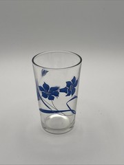 1960s Vintage Blue Floral Printed Glass Tumbler Clear Drinking Cup Kitchen Decor