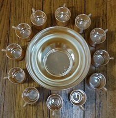 Vintage MCM Fire-King Peach Luster Ware Egg Nog 14 pc Set: Bowl+Stand+12 Mugs