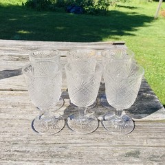 SET OF 6 ANTIQUE AMERICAN BRILLIANT CUT CRYSTAL STEMMED DOUBLE DIAMOND FAN GLASS