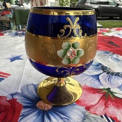 Bohemian Czech Royal Blue Glass Sniffer with Gold Accents and Enamel Flower