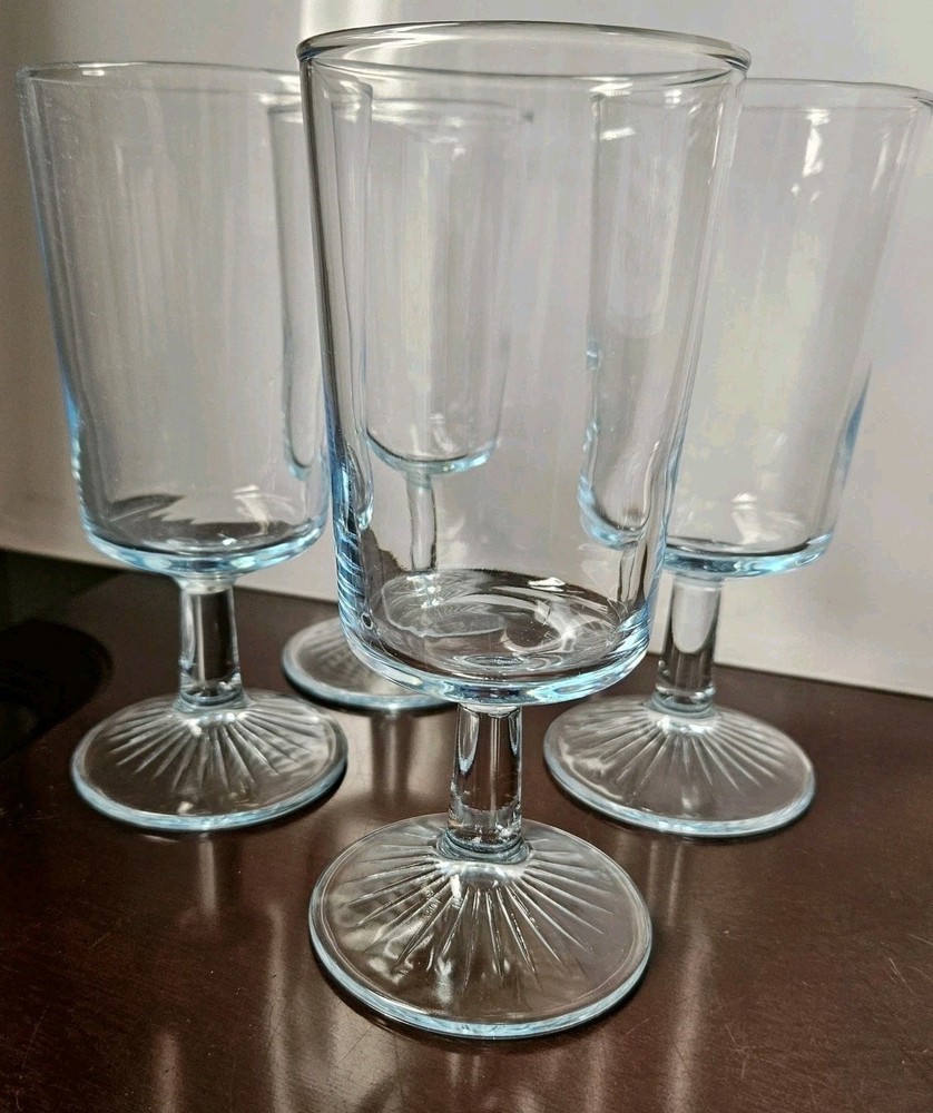 4 Light Ice Blue Pedestal Glasses Star Base Vintage 6.5″ High 10 Oz