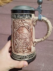 Original Vintage German Ceramic Hand Painted Glazed Pewter Lid Beer Stein