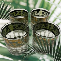 Vintage Cera ‘Golden Grapes’ Green Rocks Glasses 22-Karat Gold Old Fashioned MCM