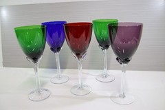 5- Murano Tall Hand Blown Tulip Clear Stem Wine Glasses, Water Goblets, Italian