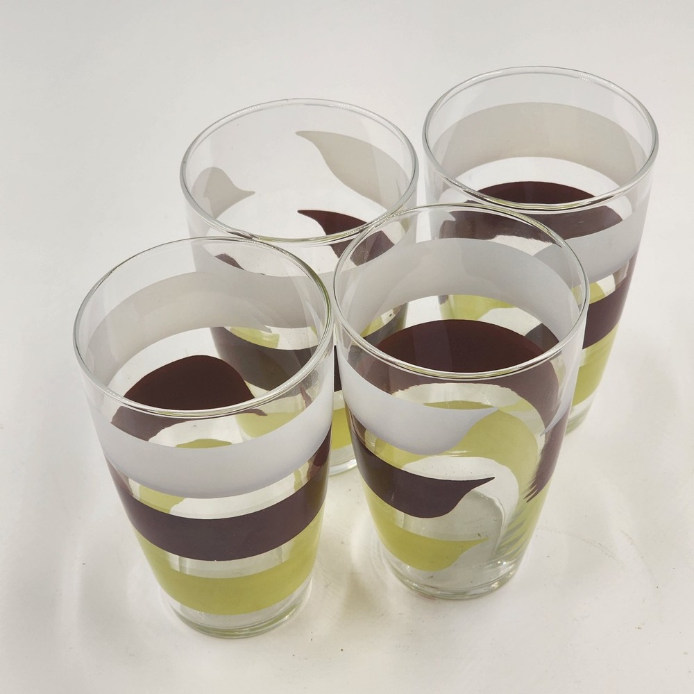 Set 4 Libbey’s Multicolor Striped Designed Pressed Glass Tumblers 5″ Vtg 1970’s