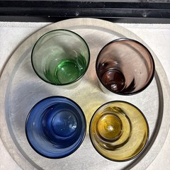 Set of 4 Hand Blown Mexican Art Drinking Glass Tumblers -Amber Blue Green Brown