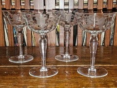 Vintage Depression Rock Sharpe Paneled Etched Champagne Cocktail Coupe Saucers