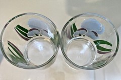 Set of 2 Rocks Glasses Blue And Purple Iris Flowers Green Leaves 3.5” Tall