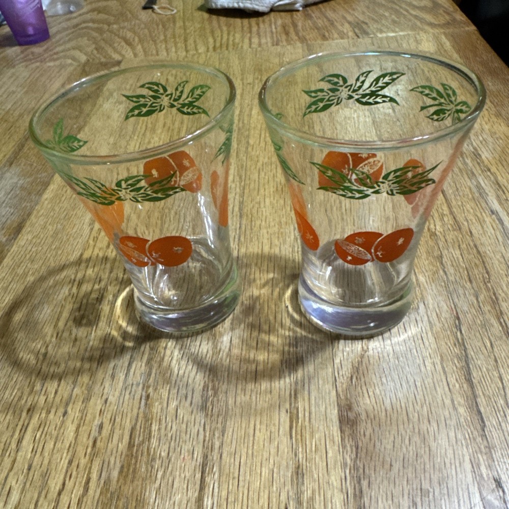 Mid Century 4 Oz Juice Glasses Oranges Set of 2, 3.75×2.75” Retro Vintage