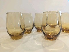 Vintage Set of 6 Libbey Gold Tempo Amber Roly Poly Drink Juice Glasses 6 Oz