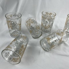 Vintage Atomic Snowflake Tumblers Set of 8 Gold Silver Holiday Glasses 4.5”