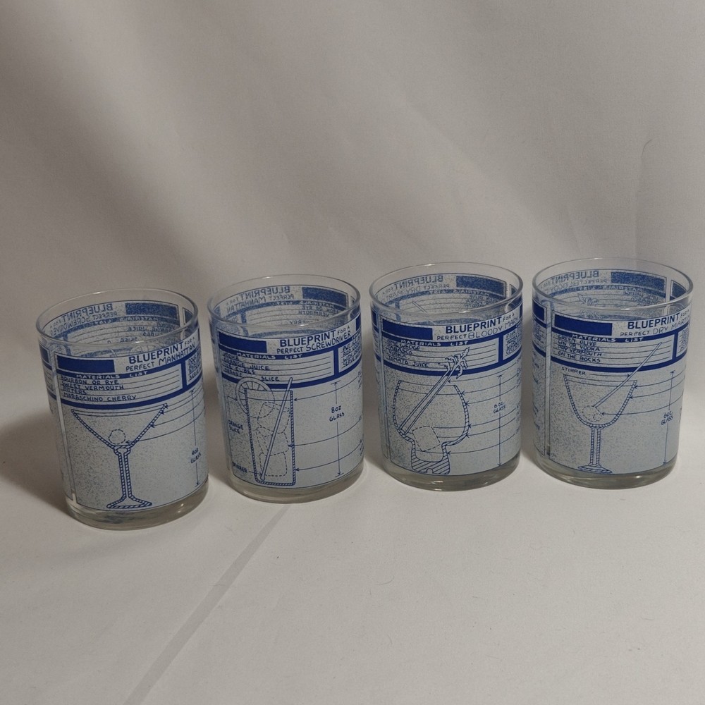 4 Cera Blueprint For A Perfect Cocktail Rocks Glass 10oz. Barware 4 1/8” Vintage
