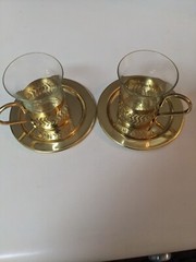 Vintage Demitasse Espresso Gold Plated and Glass Cups and Gold Saucers Set Of 2