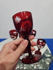 (5) WINE glasses Goblets 5″, bohemian Ruby red flashed & engraved cut to clear