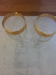 Cellini 24K GOLD Trim Etched Blown Crystal Wine Glasses Set of 2