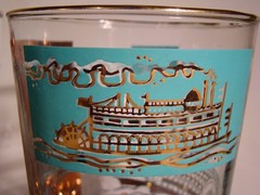 8 Libbey Steamboat Bar Glasses Gold & Blue 3.5 Inches Tall Southern Comfort