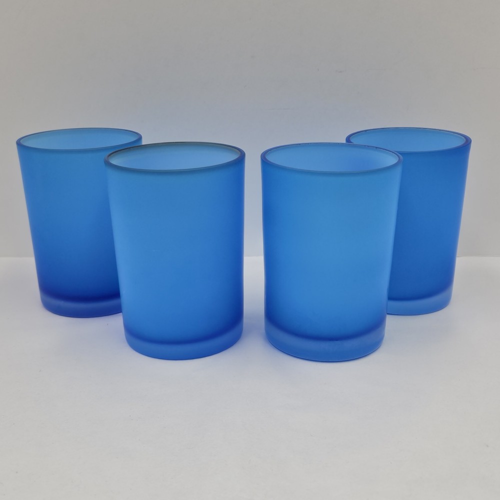 Set Of 4 Vintage Hand Blown Blue Satin Cased Glass Juice Tumblers MCM