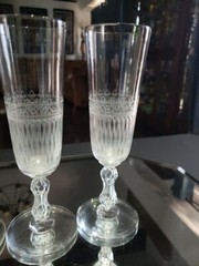 (4) Champagne Glasses 7″ Flutes Antique Crystal needle etched Bubble stem c.1900
