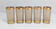 LOT of 5 Vintage MCM Gold Foil RIM Basketweave Highball Tumbler Frosted Glasses