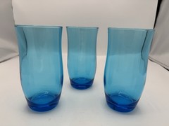 Vintage Anchor Hocking Flair Laser Blue Flat Tumblers MCM Glasses Set of 3