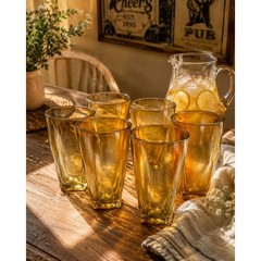 Vintage Amber Glass Tumblers MCM Square Base Set of 7
