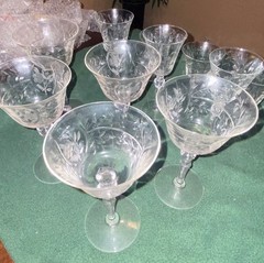 Set of 10 Vintage Etched Floral Crystal Goblets 6.5 inches tall