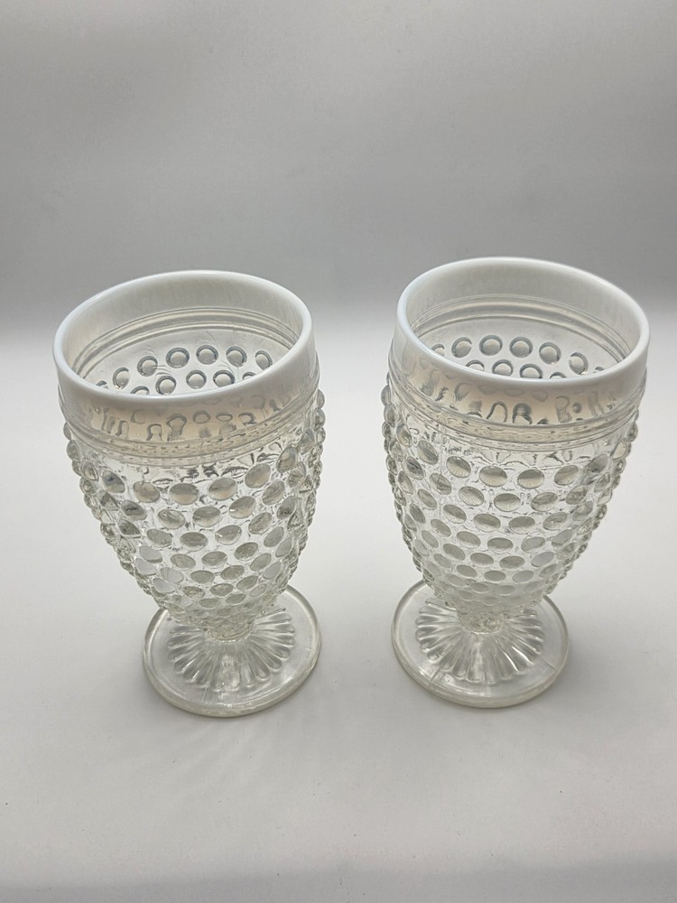 2 Moonstone Opalescent Hobnail Glasses White Rim By Anchor Hocking Vtg