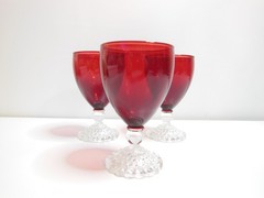 3 VINTAGE ANCHOR HOCKING RUBY BUBBLE FOOT JUICE/WINE GLASSES 4 1/8″