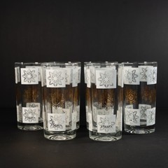 Vintage MCM Black White Gold Medallion Starburst Highball Tumblers Set of 6