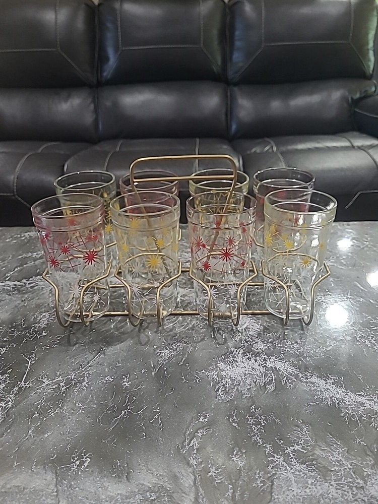 Mcm Starburst Glasses(4) Yellow/white And(4) Red/ White W/ Carrier 1950’s Jelly