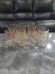 Mcm Starburst Glasses(4) Yellow/white And(4) Red/ White W/ Carrier 1950’s Jelly