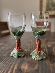 Fitz & Floyd Classics Woodland Wine Glasses Set 2 Holly Pinecone Goblets VTG