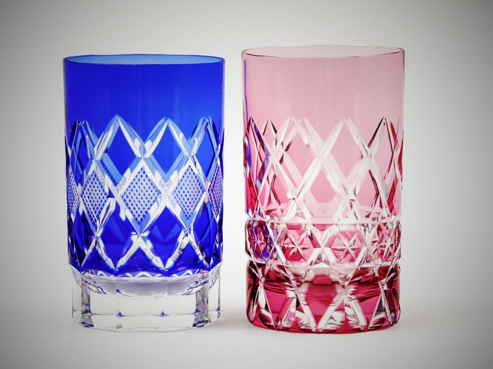 Edo Kiriko Pair Tumbler Blue Red Cut Glass 290ml 300ml Japan-EK201
