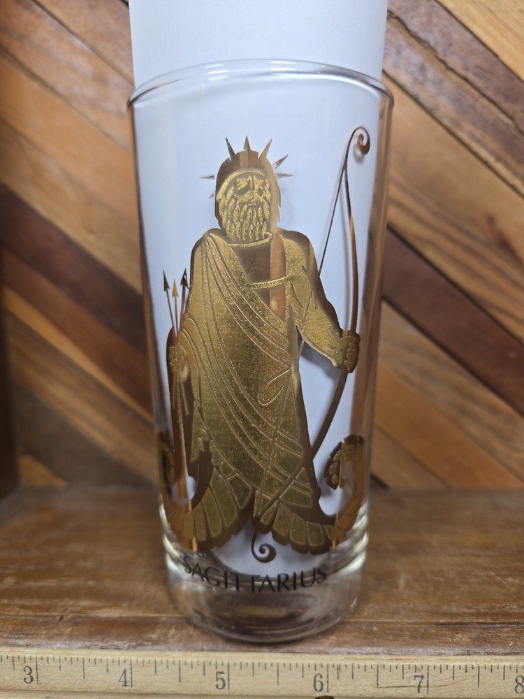 Sagittarius Zodiac Glass Tumbler Gold Print Highball Tom Collins Barware Vintage