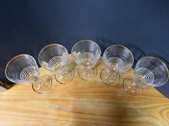 Set of 5 Clear Glass Wine Goblets w/ Gold Rim Decorative 7 in Stemmed