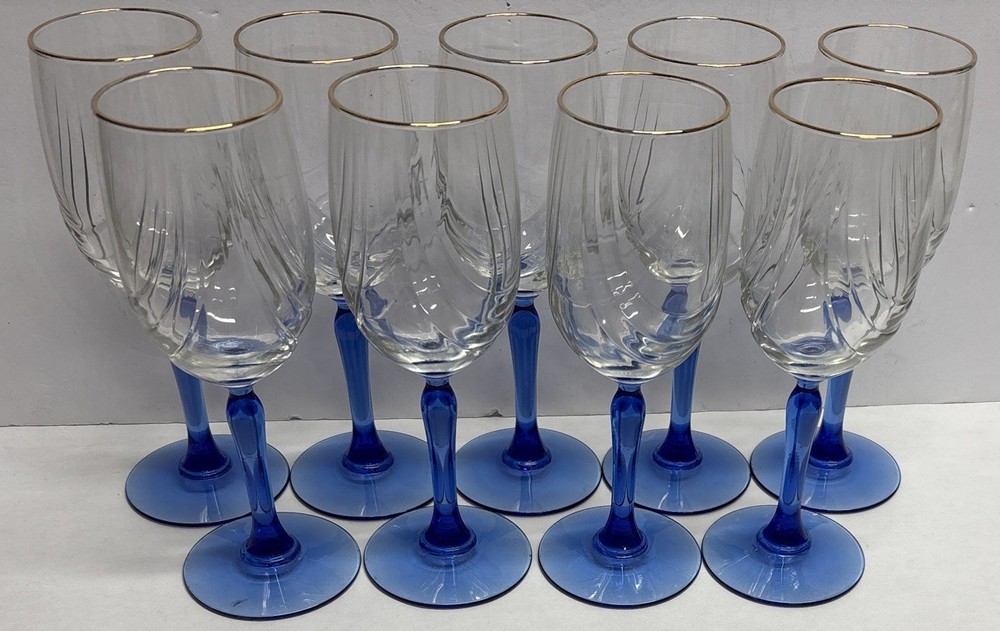 Libbey/Lenox Cobalt Blue Swag Draped Wine Glasses Barware Gold Rim Vintage Set/9