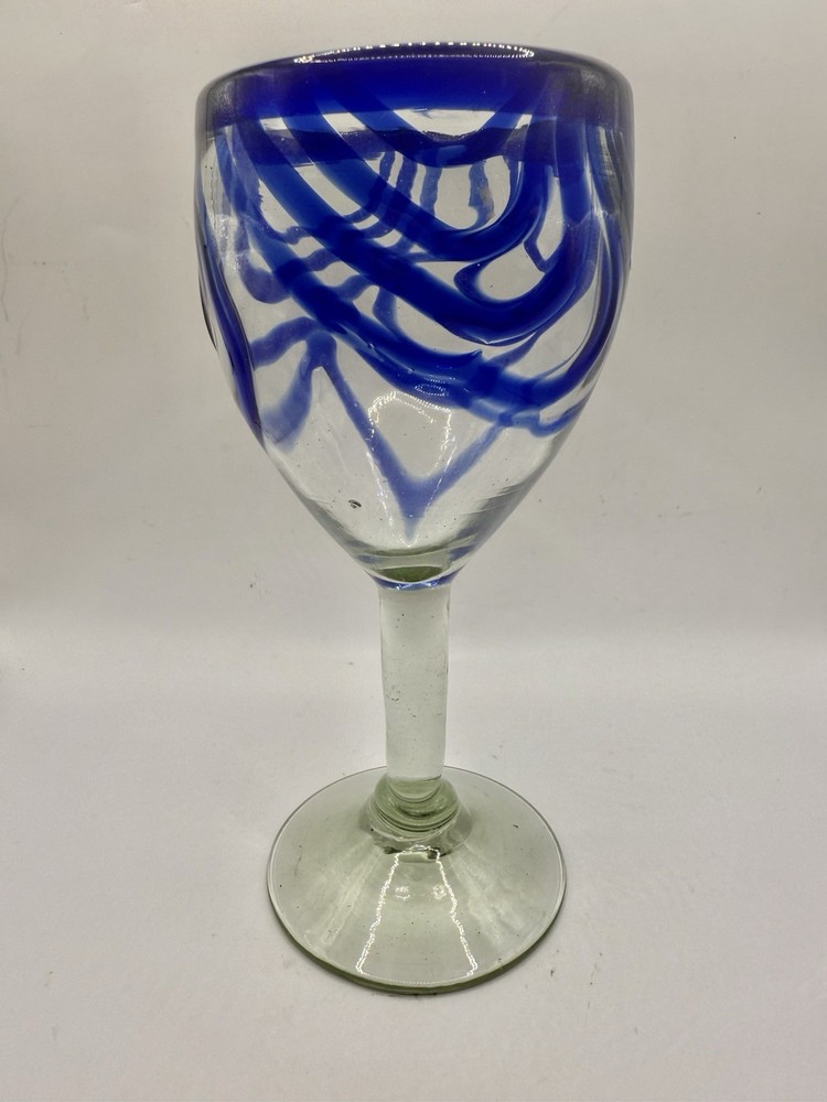 Cobalt Blown Glass Wine Water Cocktail Goblet Blue Swirl Clear Base Talavera