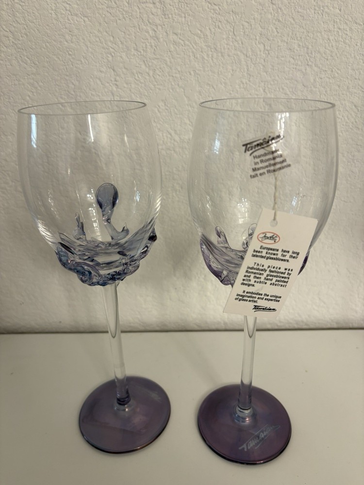 Signed Ion Tamaian Wine Glass Set of 2 Romanian Art Glass Purple Pastel Accent