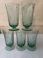 5 Embossed Holiday Tree Green Glass Footed Drink Glasses 6.25” Tall