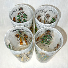 SET OF 4 Vintage JOHN SUTTON Gold ANGELS & TREES Frosted Glass Tumblers RARE