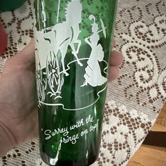 Set of 3 Green Glass Tumbler Glasses, White Decorated Design Drinking Tumblers