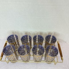 Vtg Set 8 Pasinski MCM Barware 22K Gold Blue Seville Highball Tumbler Glass Rack