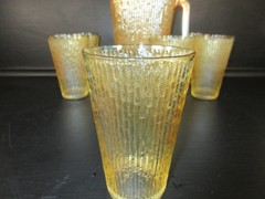 Vintage Pitcher & Glasses Set Tree Bark Variant MCM 1960’s Jeannette Glass 7pc