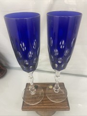 Karl Anton Czech Handcut Crystal Blue Flute Glasses Set of 2 10″x2.5″ w/Stickers