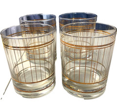 4 Culver Glass Devon Gold Striped Lowball Rocks Set Vintage MCM Glasses NEW NOS