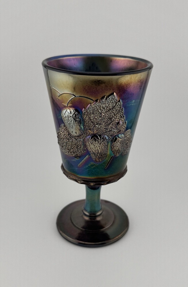 Vintage LG Wright Fenton Cobalt Strawberry And Currant Carnival Glass Goblet