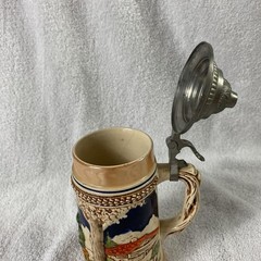 Vintage German Beer Stein Ceramic Pewter Lid Hand Painted Tavern Scene 7″