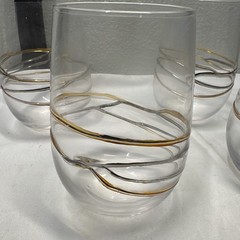 Set Of 4 Hand Blown Clear Stemless Wine Glasses Multi Color Glass Strings 4 1/4″