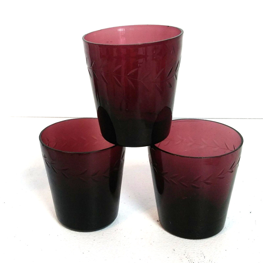 Vtg Set of 3 Amethyst Glass 6oz Tumblers Hand Cut Leaf Border Whiskey Glass EUC