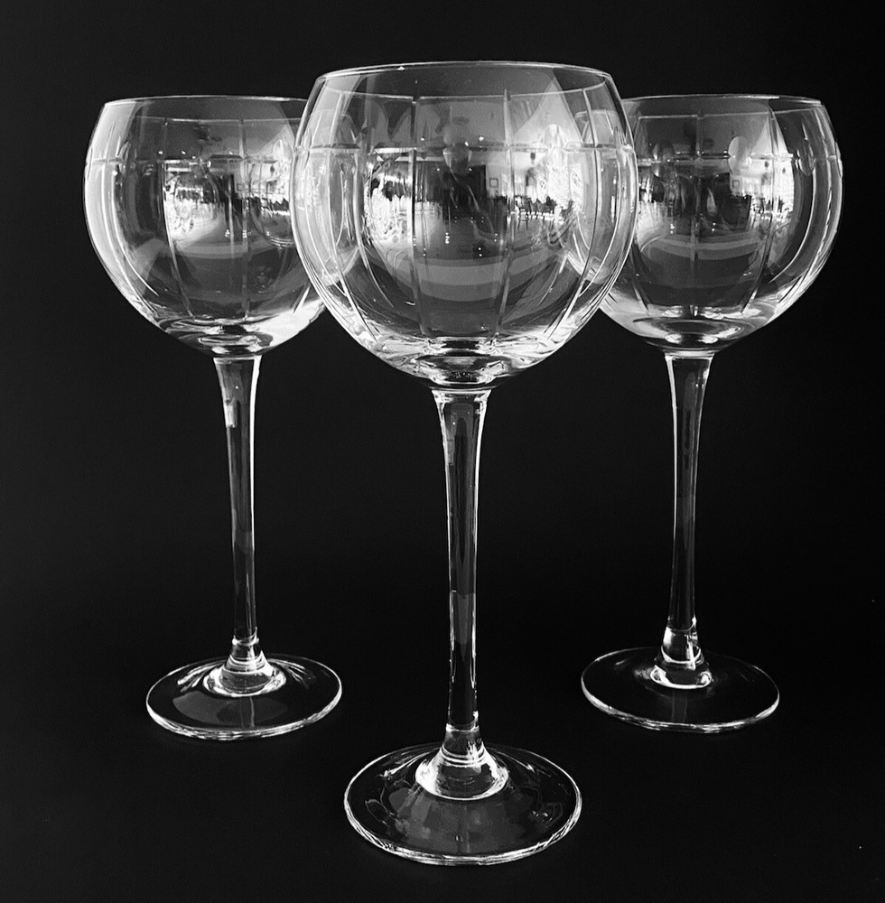 LENOX STACCATO Balloon Wine Glass Etched Cut Crystal Geometric Lines Ovals Set 3